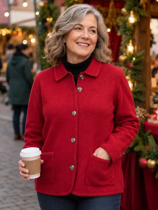 Sweaters - Appleseeds Cardigan Sweater Women L Red Wool Pockets Collar Button Front Jacket
